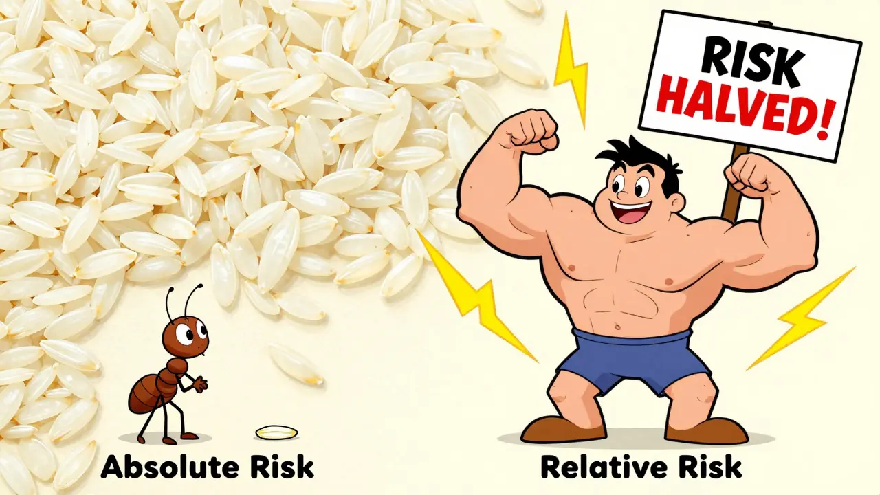 Cartoon metaphor comparing small absolute risk to dramatic relative risk marketing.