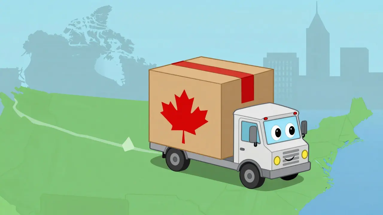 Cartoon package traveling from Canada to US safely