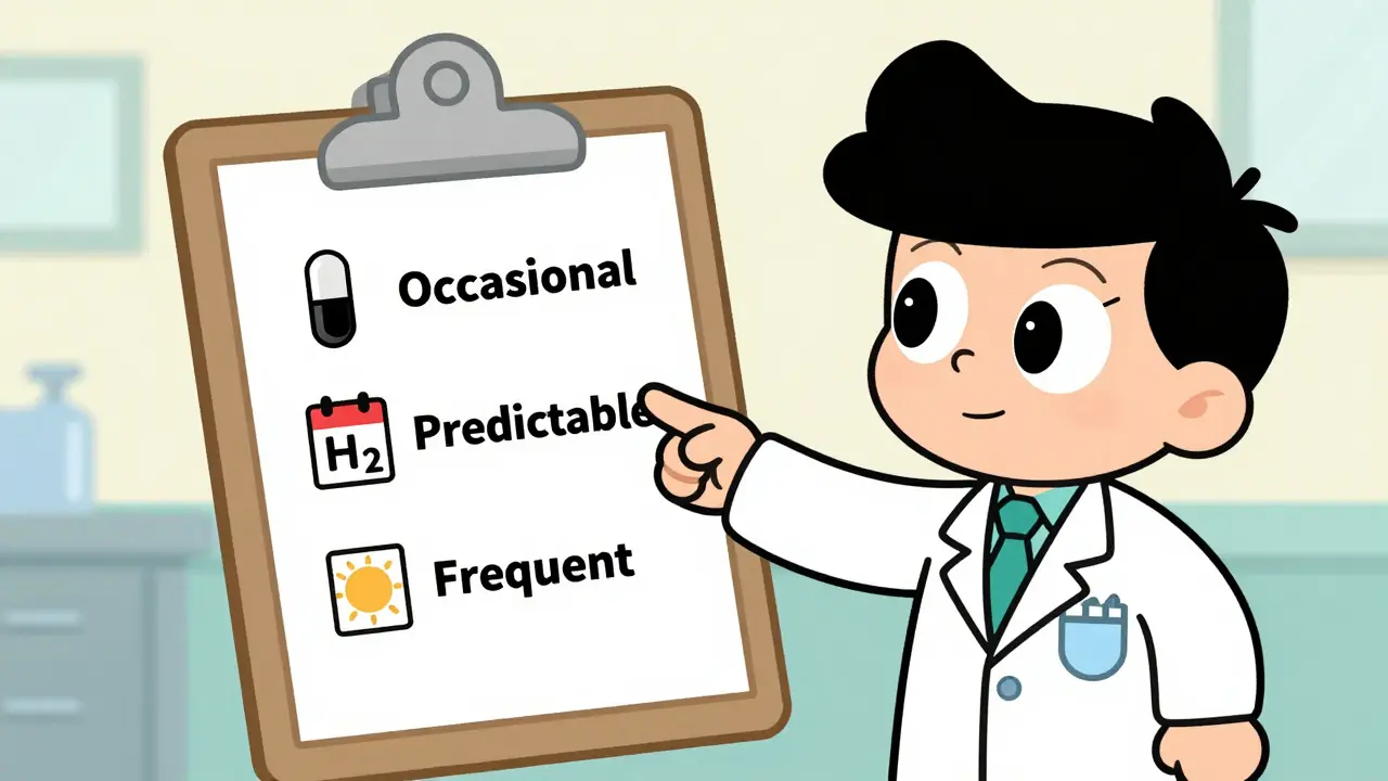 Doctor explaining heartburn medication types visually