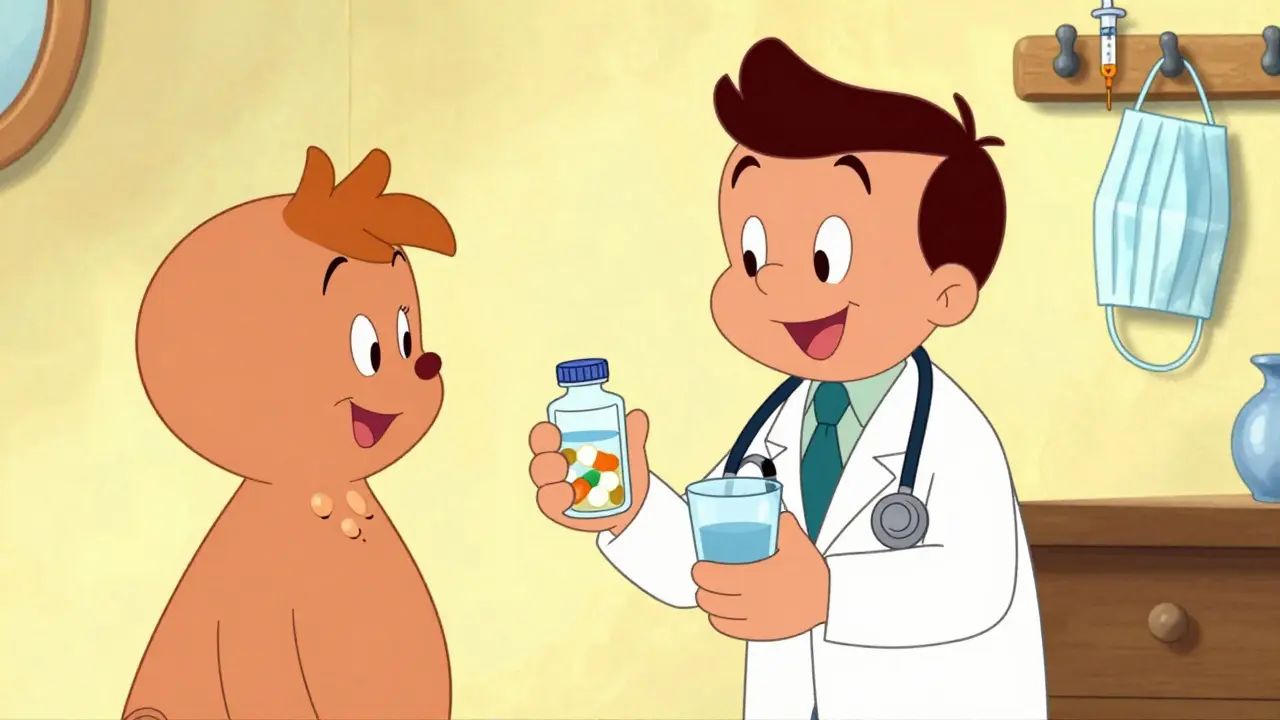 Doctor handing medication to a patient with a neck lump in cartoon style