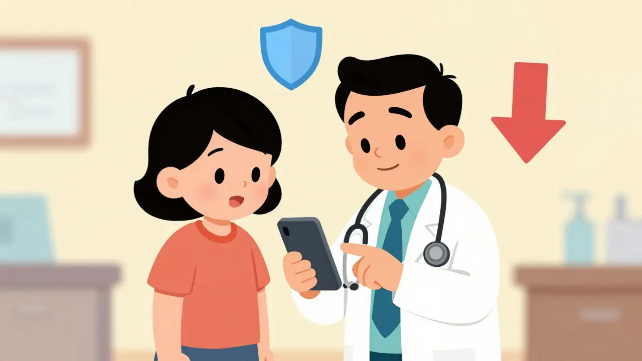 Doctor helping a patient check medication tiers on a smartphone