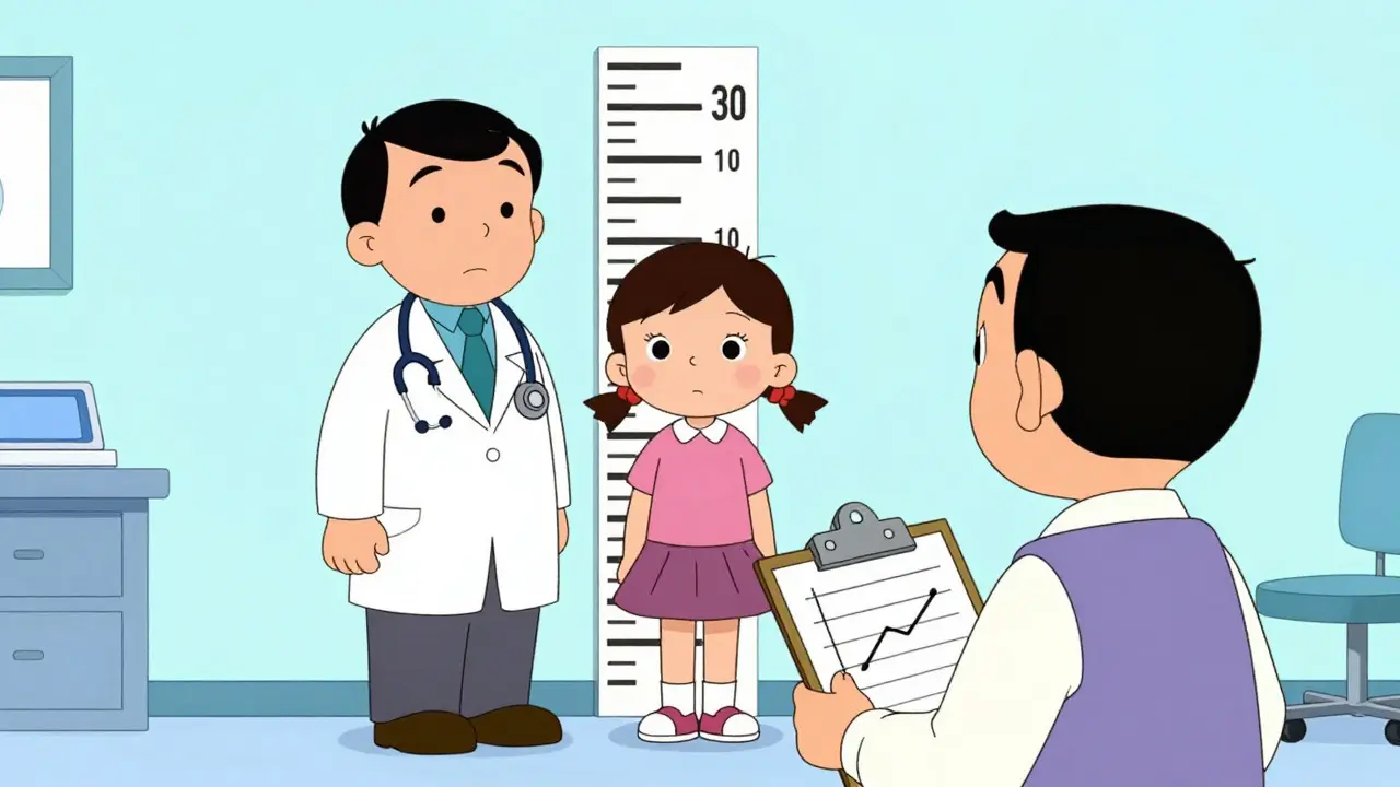 Doctor measuring teen's height during ADHD medication checkup
