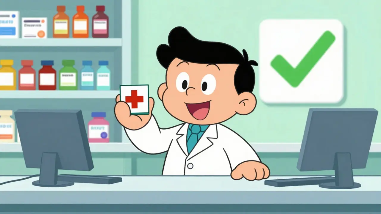 Friendly cartoon pharmacist holding safe medication box