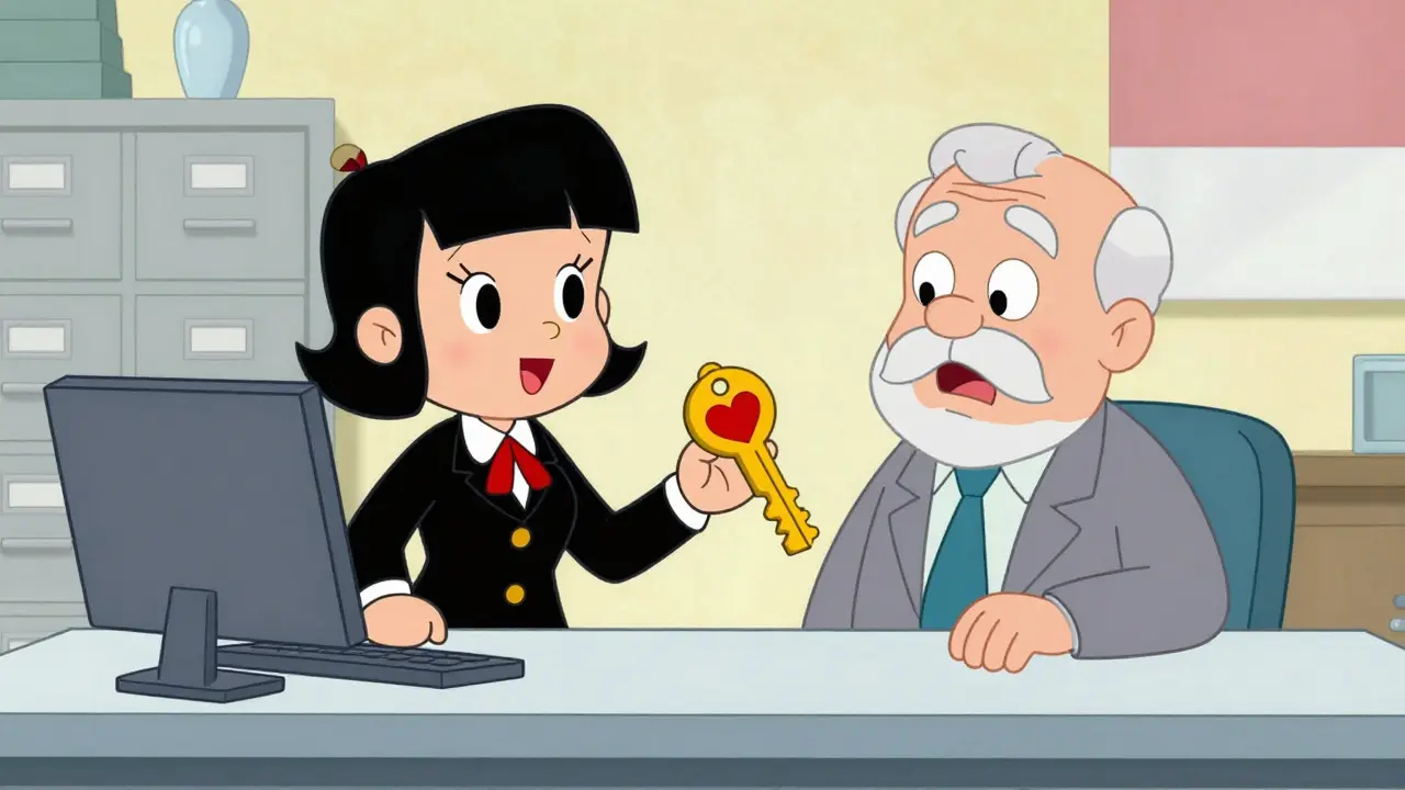Friendly clerk handing key to surprised senior in Hanna-Barbera style