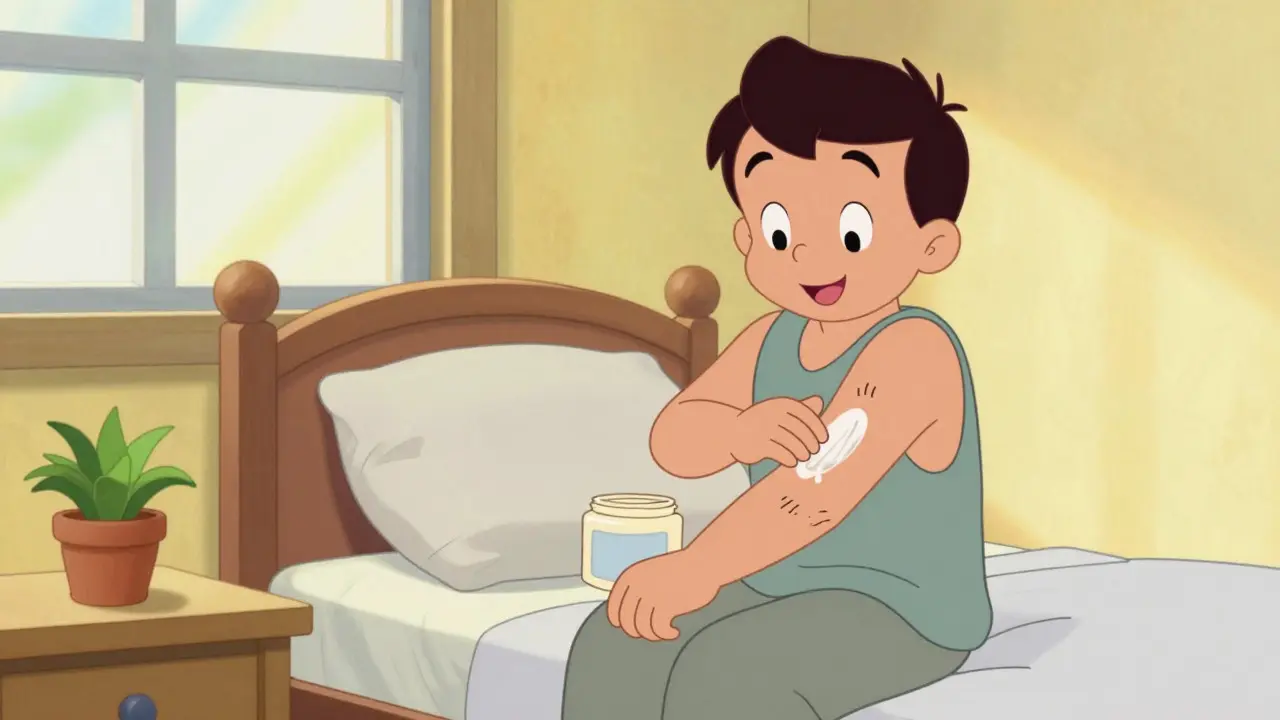 Happy cartoon patient applying lotion to healing skin during recovery