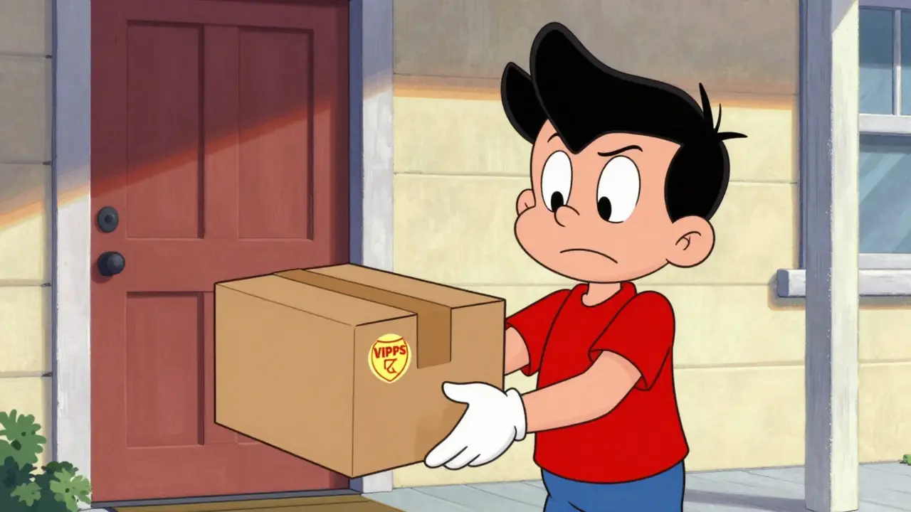 Happy person receiving safe medication package at home