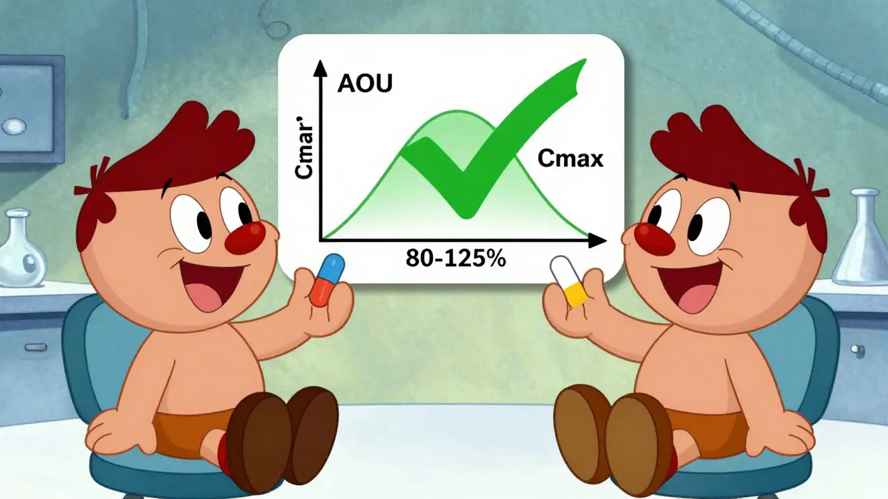 Retro cartoon volunteers comparing drug absorption graphs