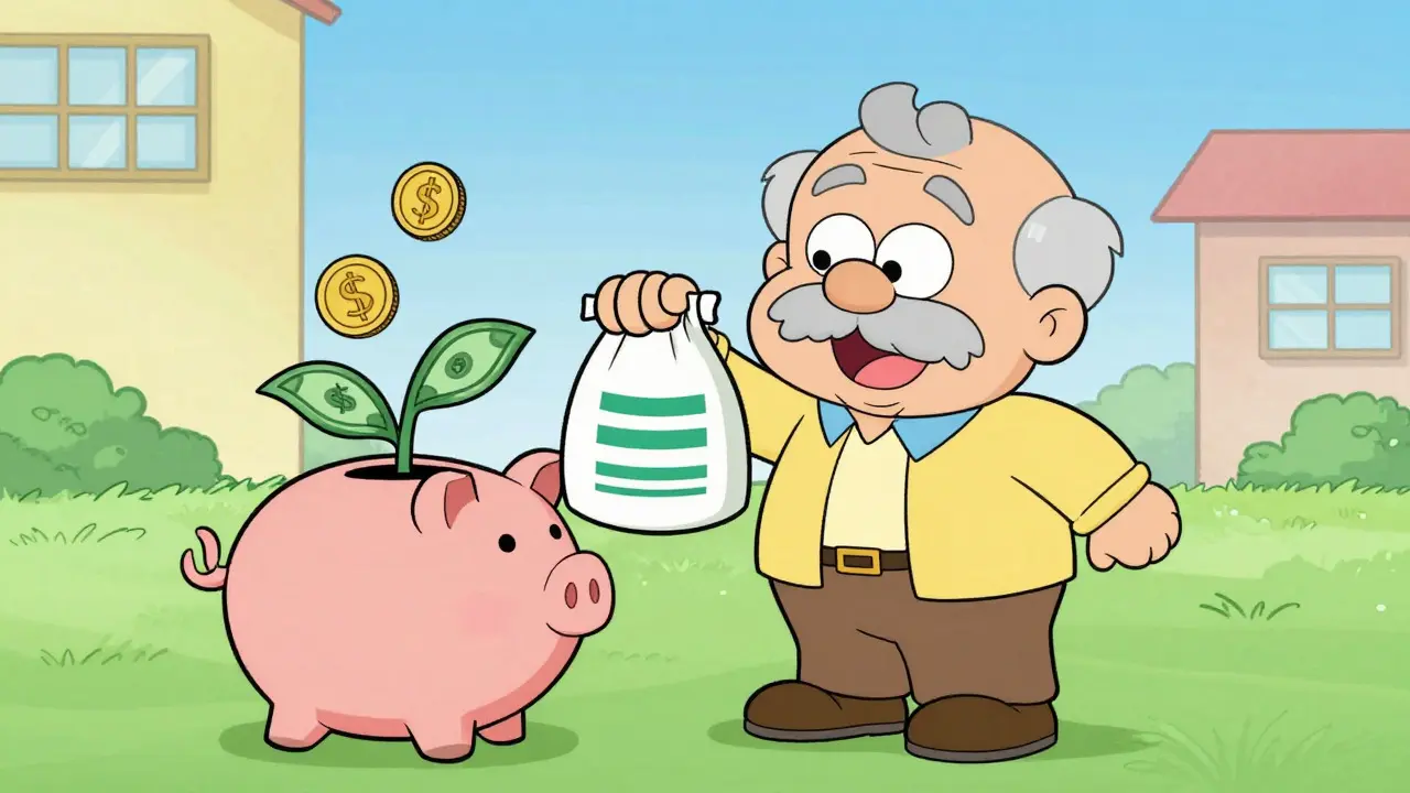 Smiling senior holding pharmacy bag next to savings piggy bank