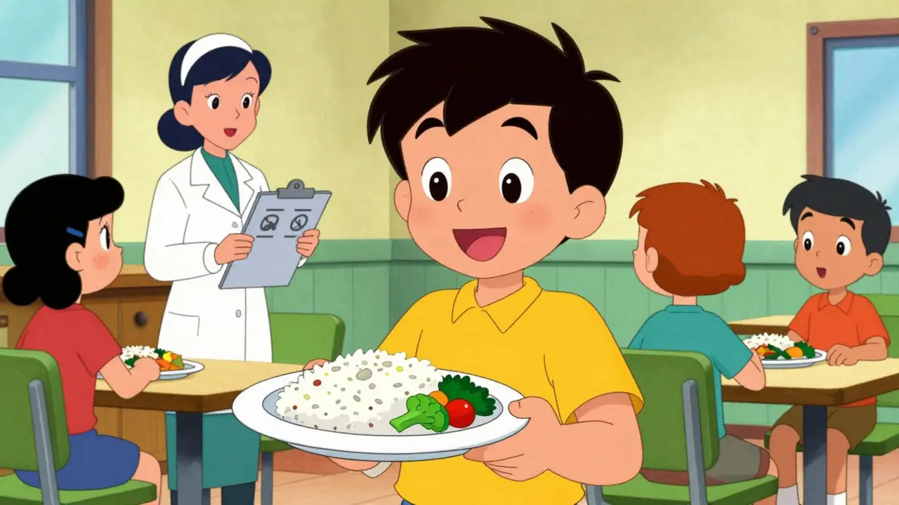 Teenager eating safe gluten-free lunch happily at school cafeteria