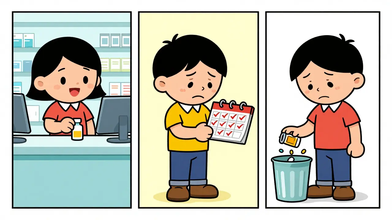 Three-panel cartoon showing medication adherence phases