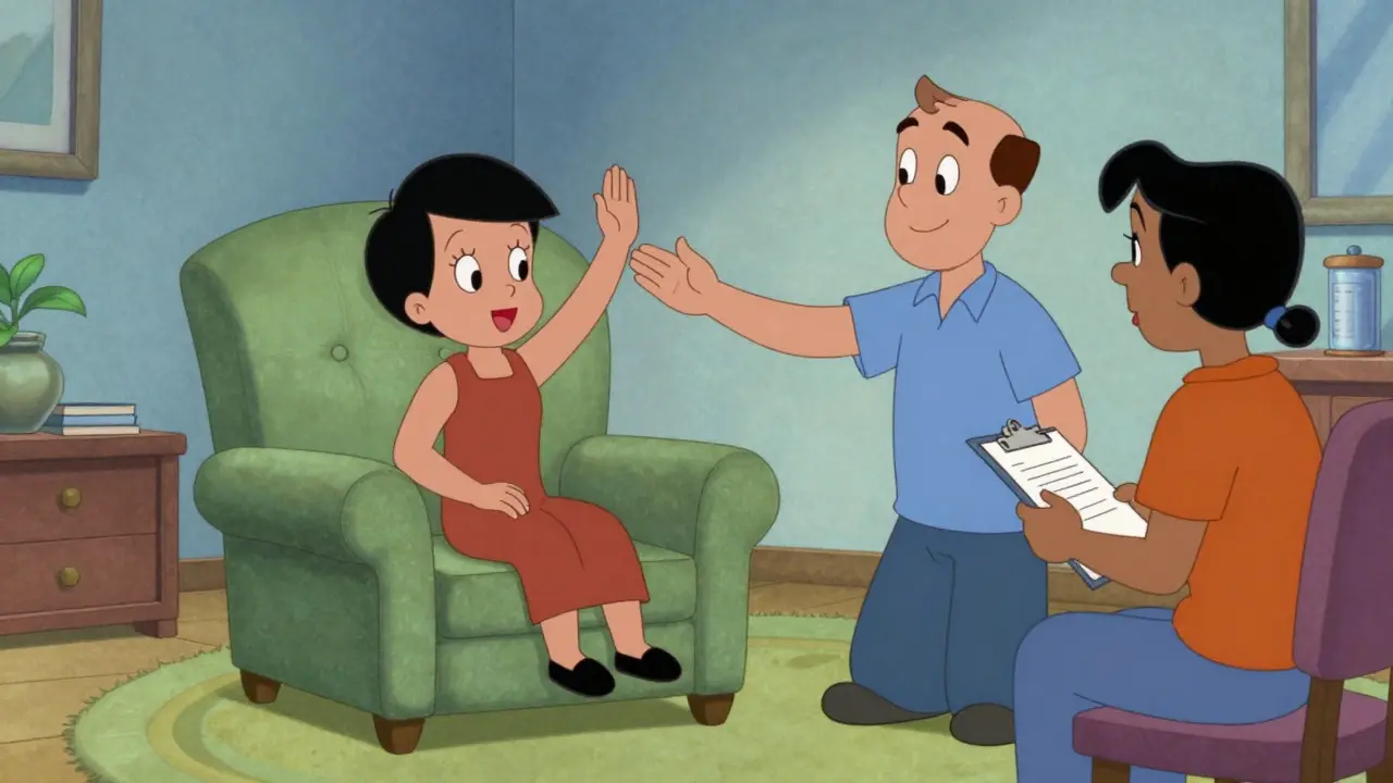 Animated care team supporting a patient in a living room setting