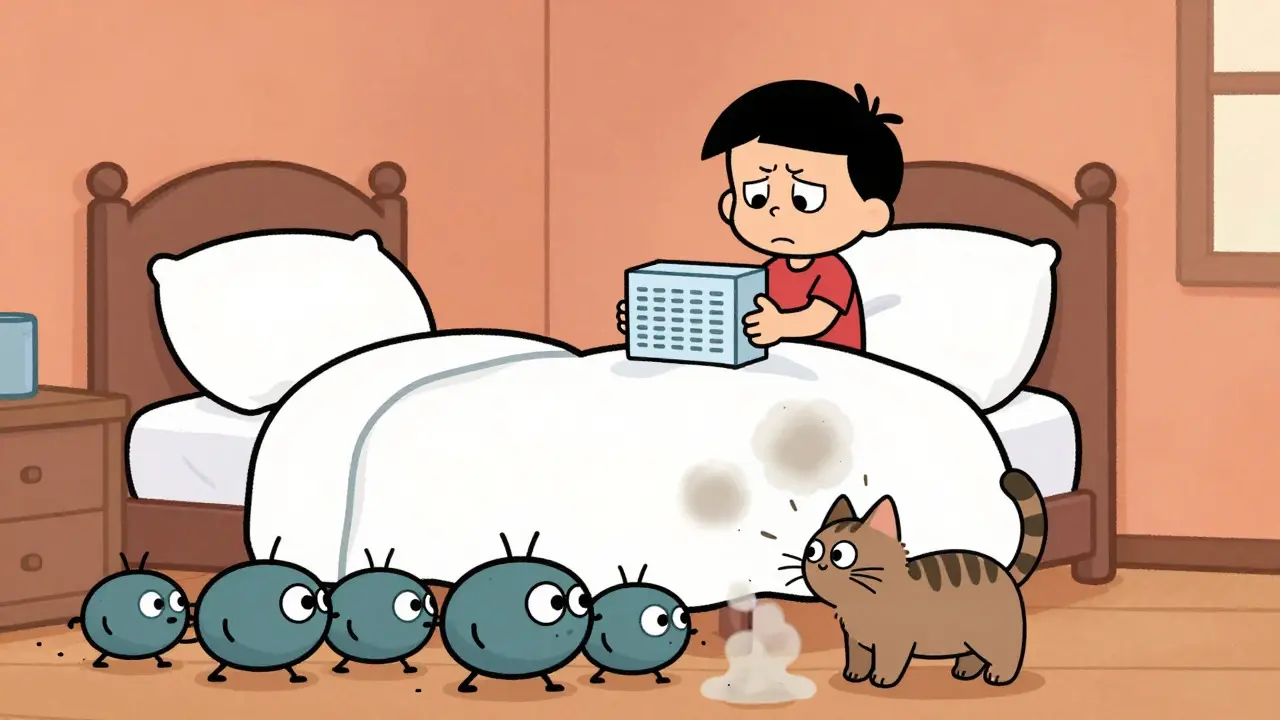 Cartoon character dealing with dust mites and pet dander indoors