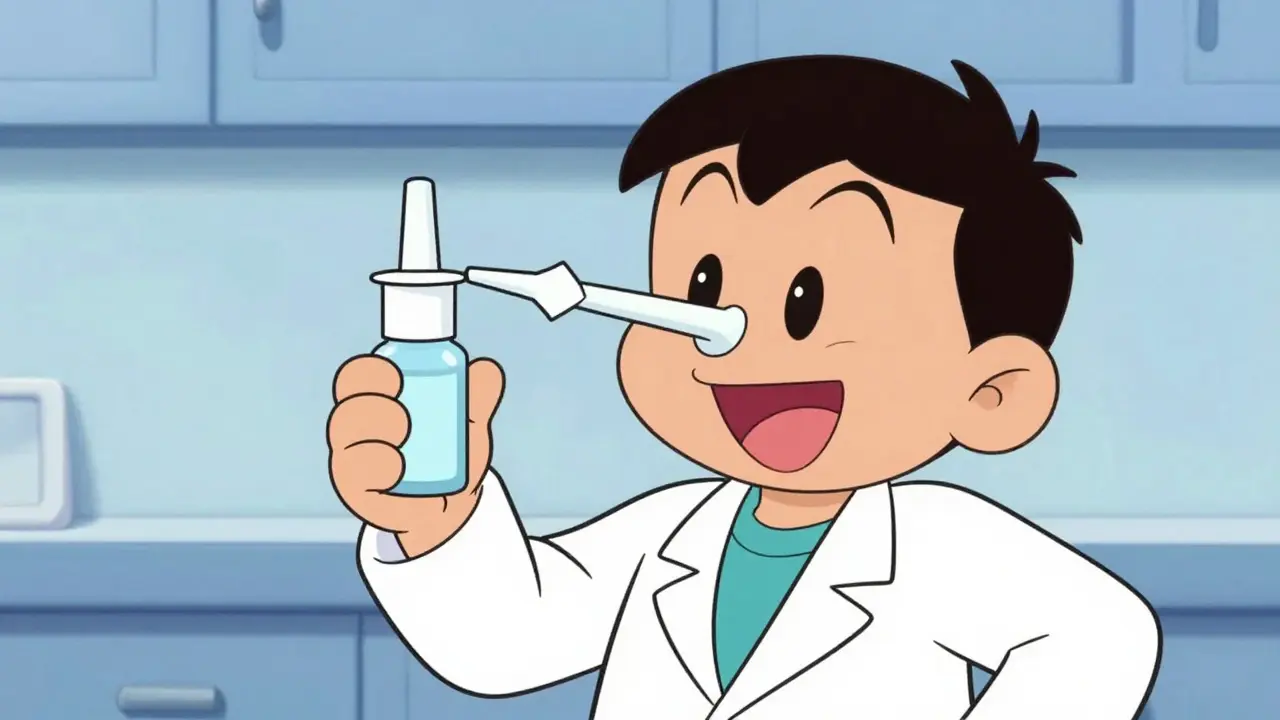 Cartoon demonstration of correct nasal spray technique