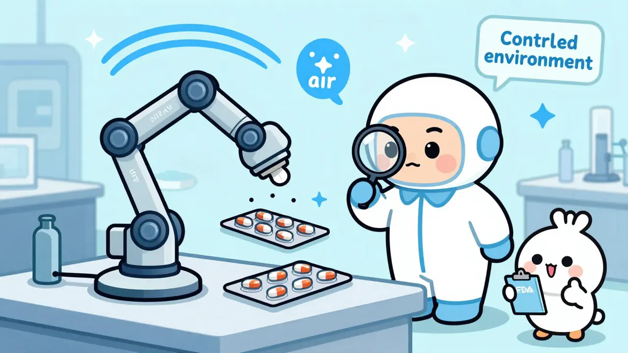 Cartoon factory scene with a worker inspecting pills and an FDA mascot approving the process