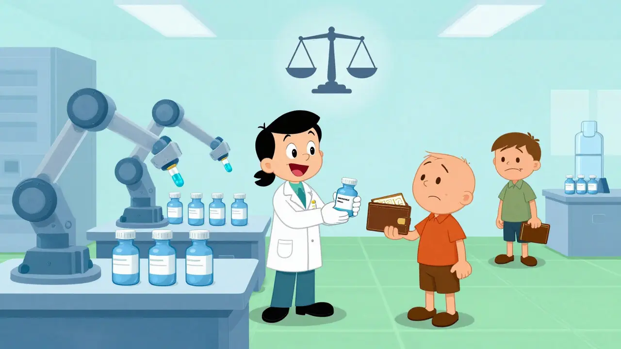 Cartoon of modern generic drug production and affordable healthcare