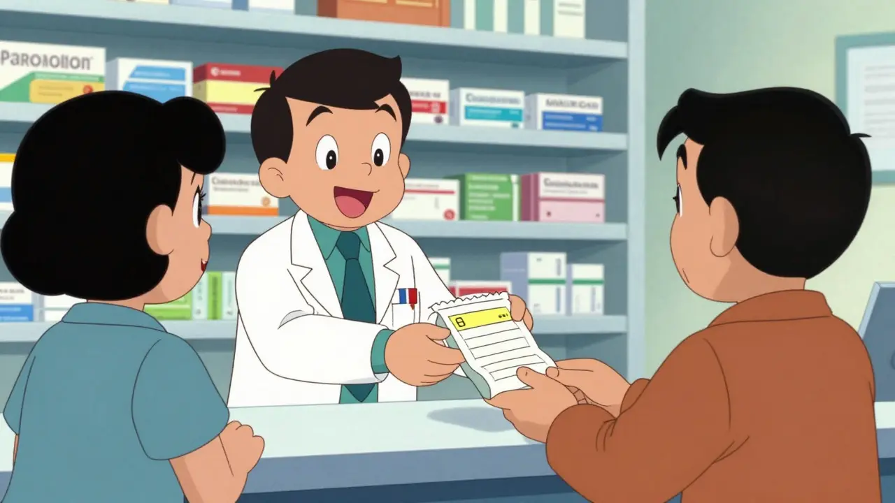 Cartoon pharmacist handing a prescription bag to a smiling customer