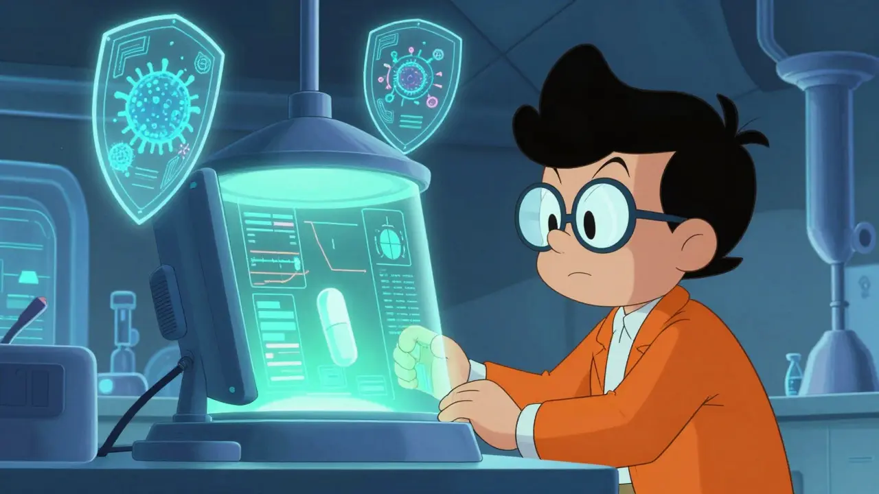 Cartoon scientist using advanced tech to protect a pill from contamination in a glowing chamber