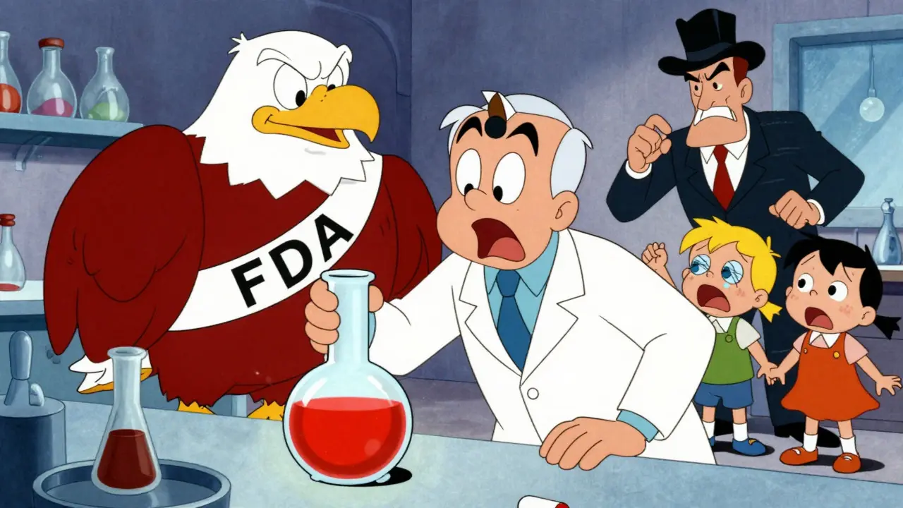 Cartoon showing FDA eagle mascot stopping toxic drug sales in 1938