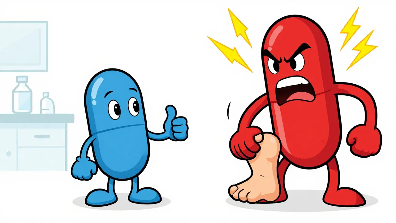 Cartoon showing safe NSAID vs dangerous steroid pill characters
