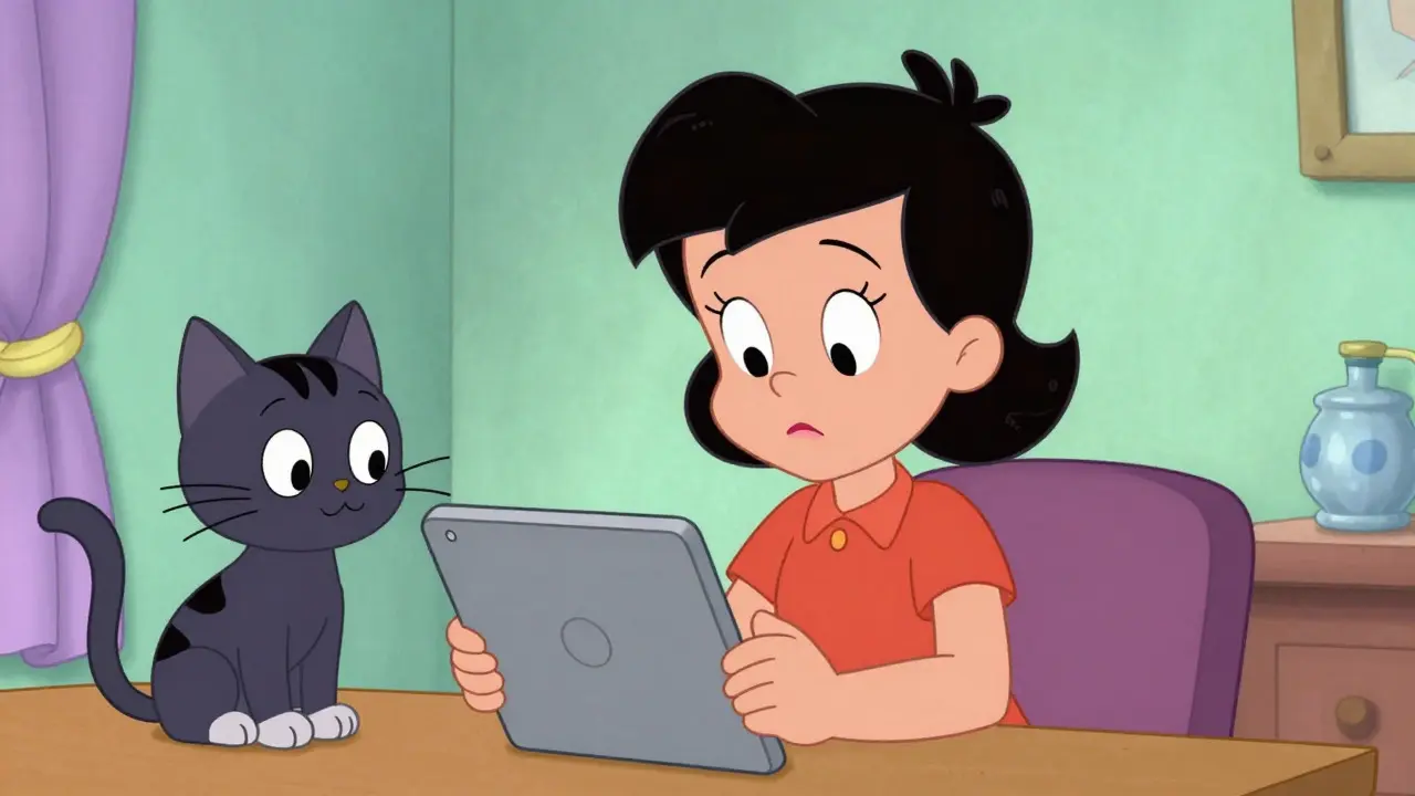 Cartoon woman comparing medication prices on a tablet while a cat watches