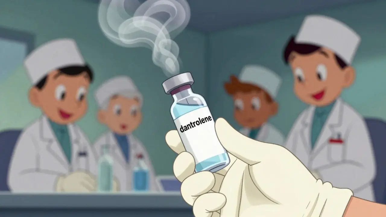 Close-up of dantrolene medication vial being prepared in cartoon style
