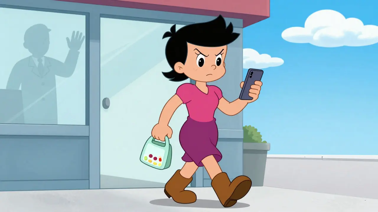 Confident patient leaving pharmacy with medication and phone