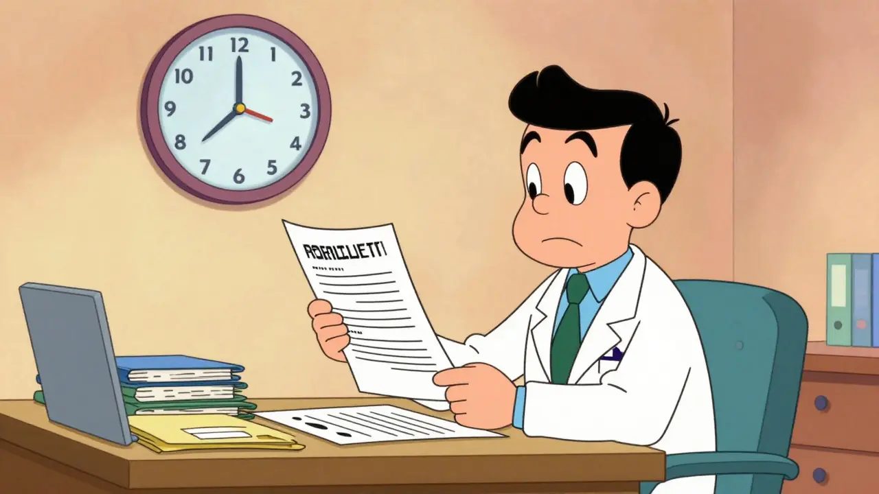 Doctor in office reviewing papers for prior authorization request in cartoon style