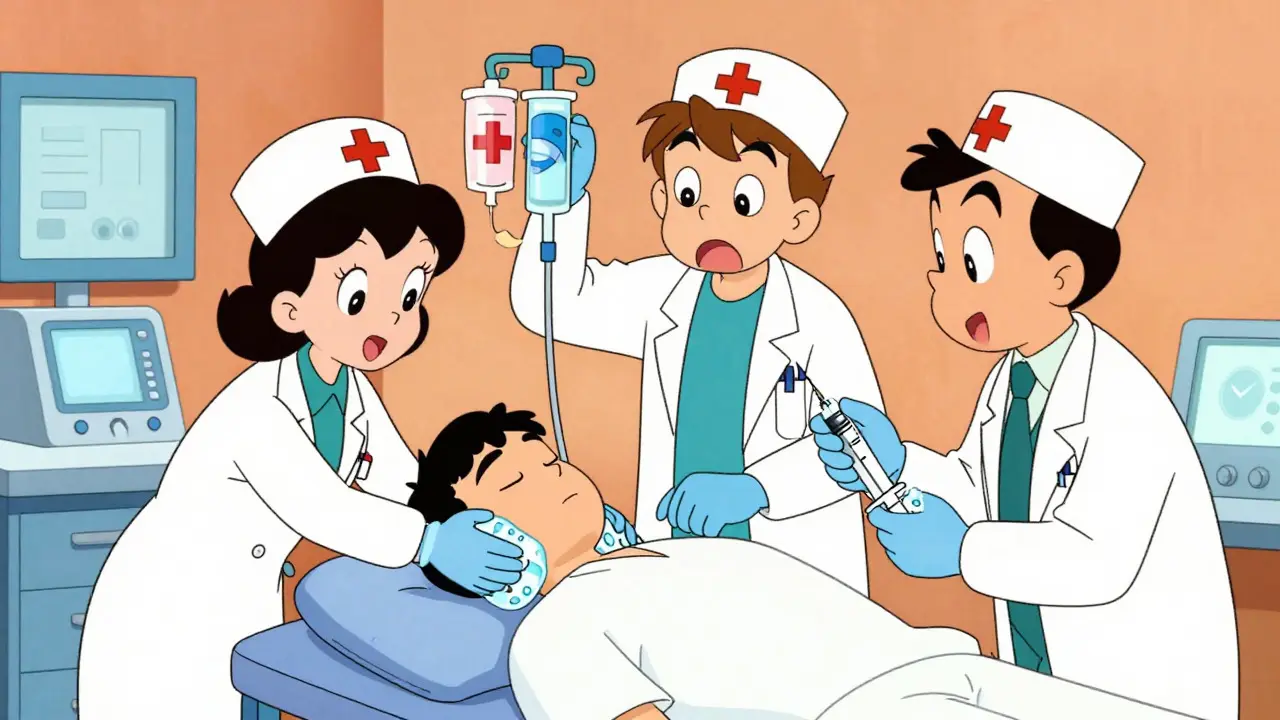Doctors administering emergency cooling and IV treatment in cartoon style