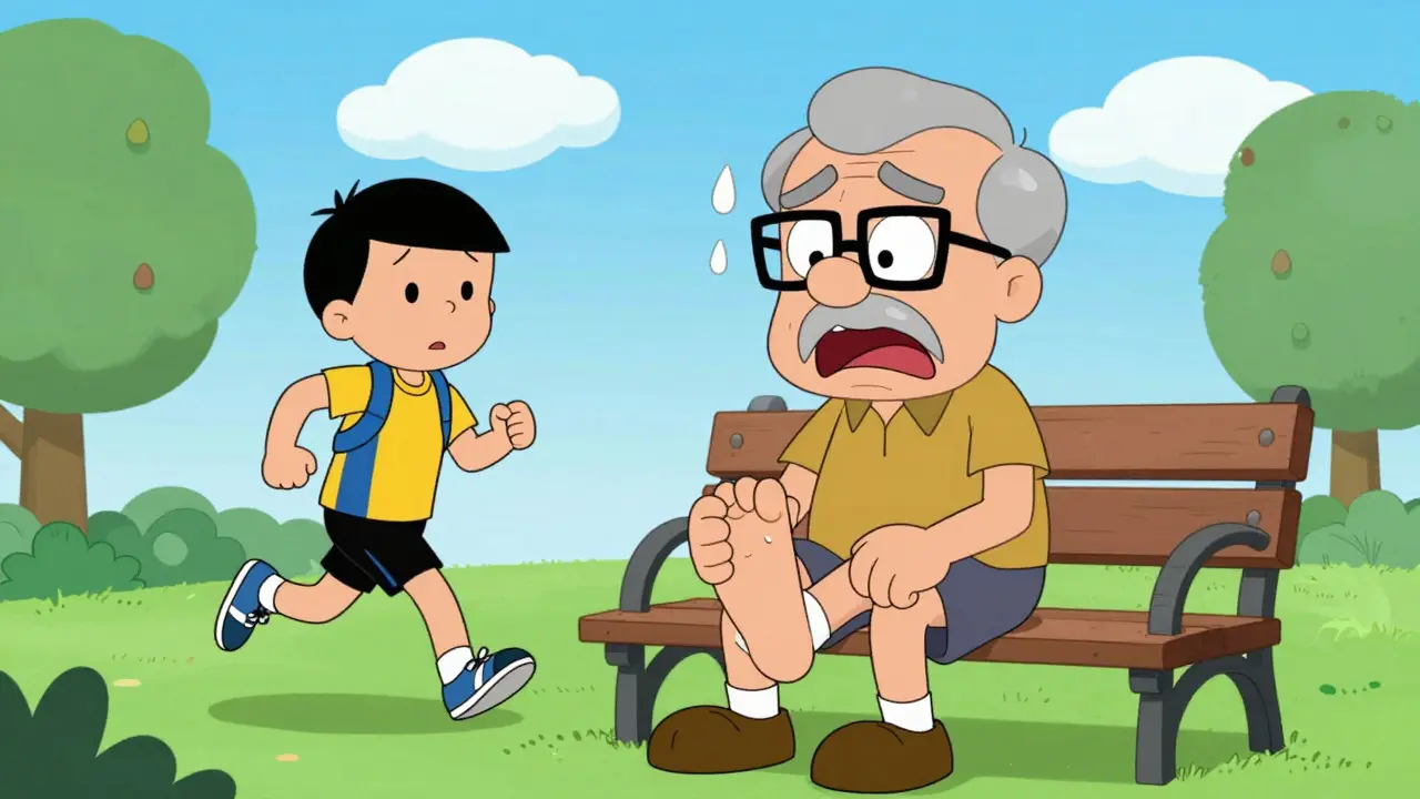 Elderly man clutching painful heel while sitting on a park bench