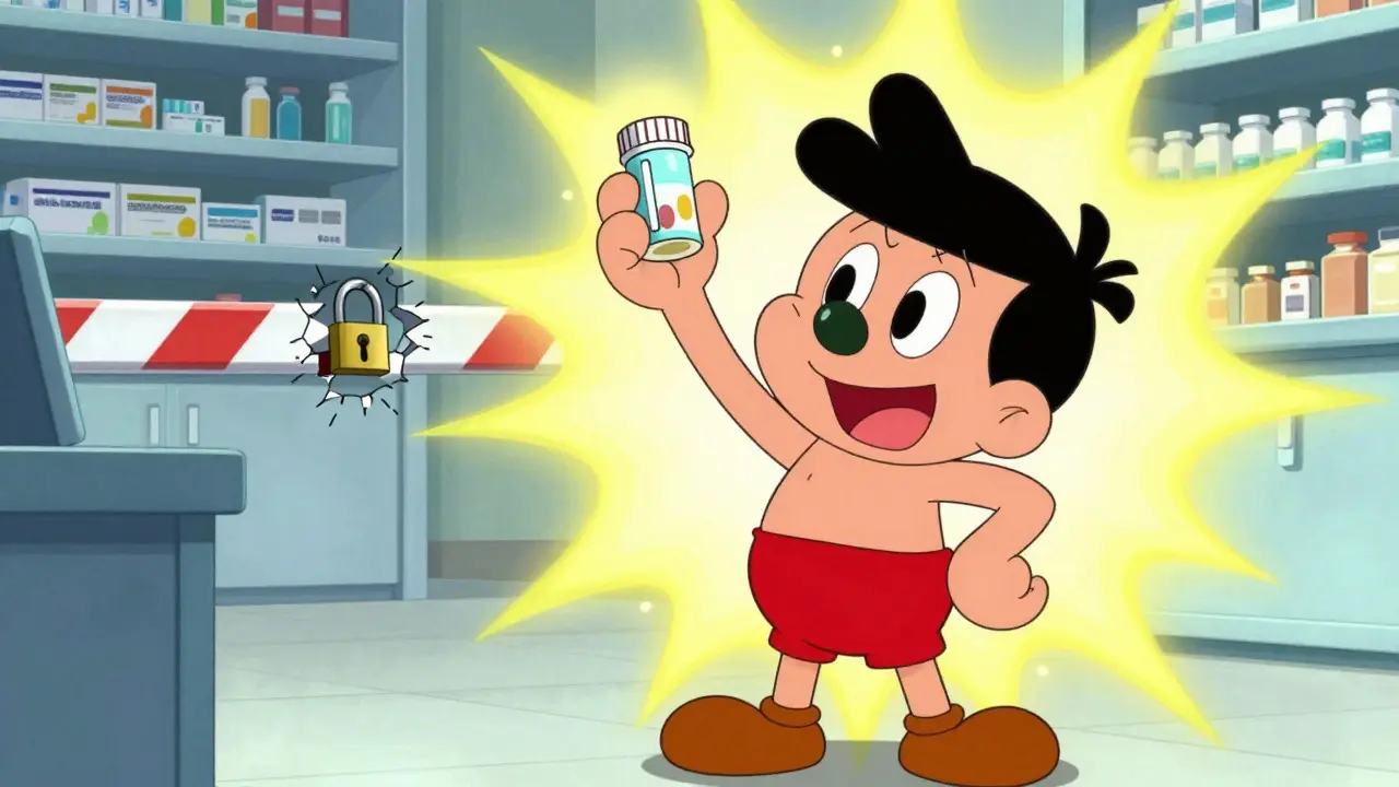 Happy cartoon patient holding approved medication after insurance clearance