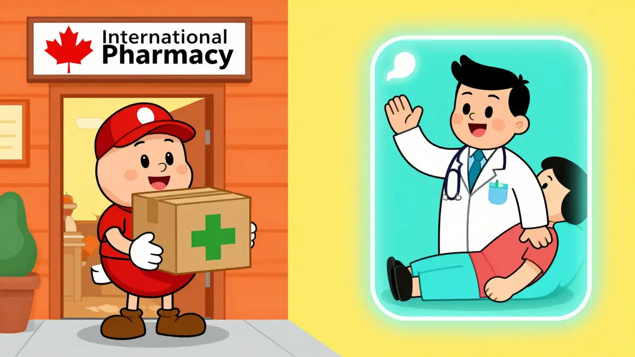 Illustration comparing online pharmacy delivery and telehealth