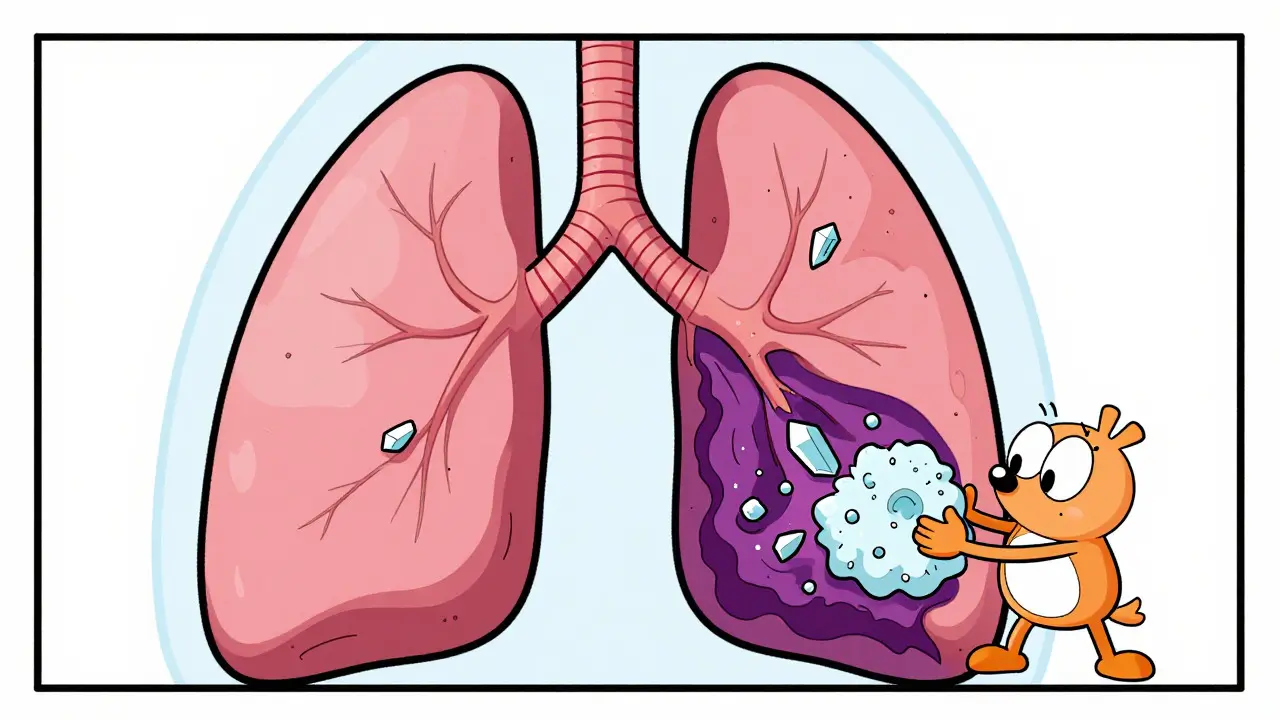 Illustration of silica and asbestos particles affecting lung tissue