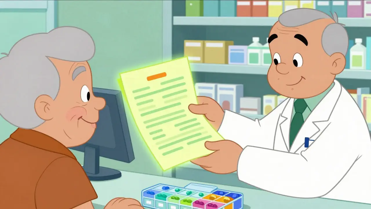 Pharmacist handing educational materials to an elderly patient