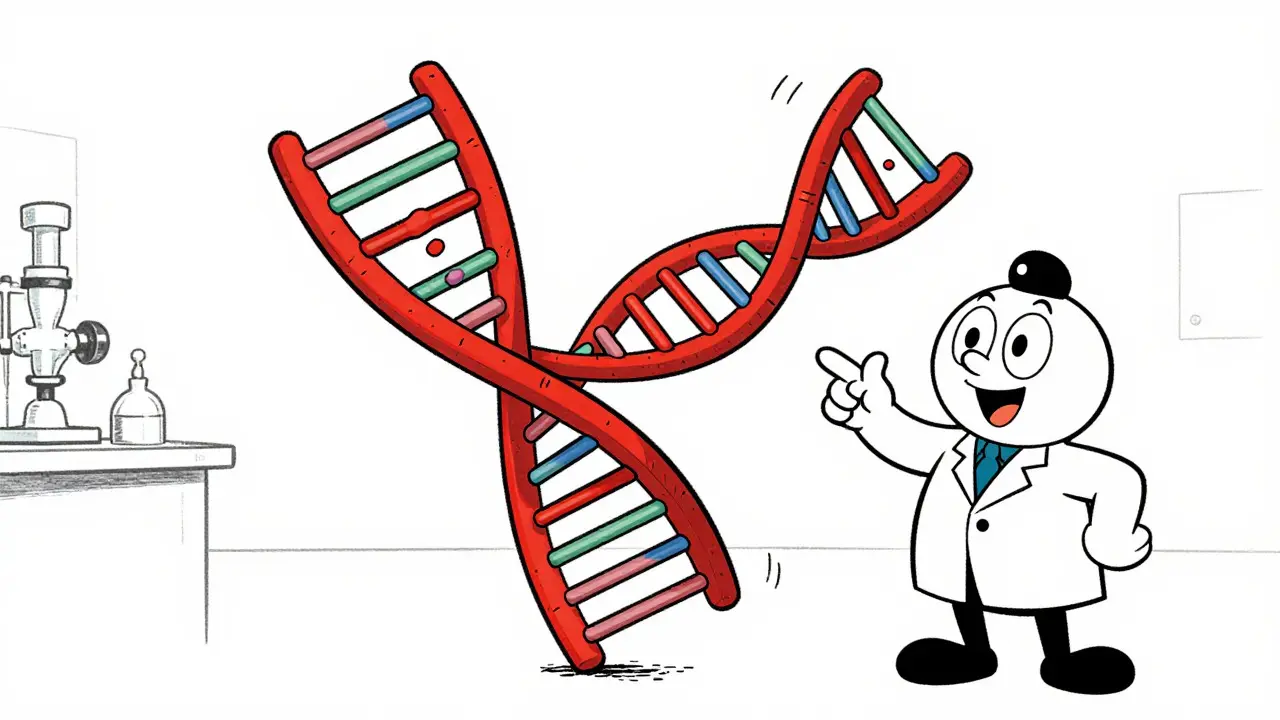 Retro cartoon showing DNA helix with expanded red gene segments