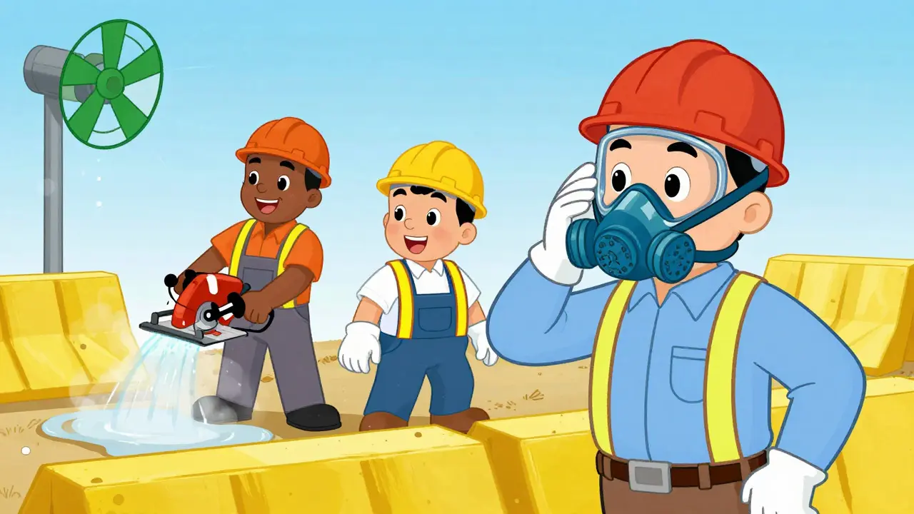 Workers using respirators and wet cutting methods on a job site