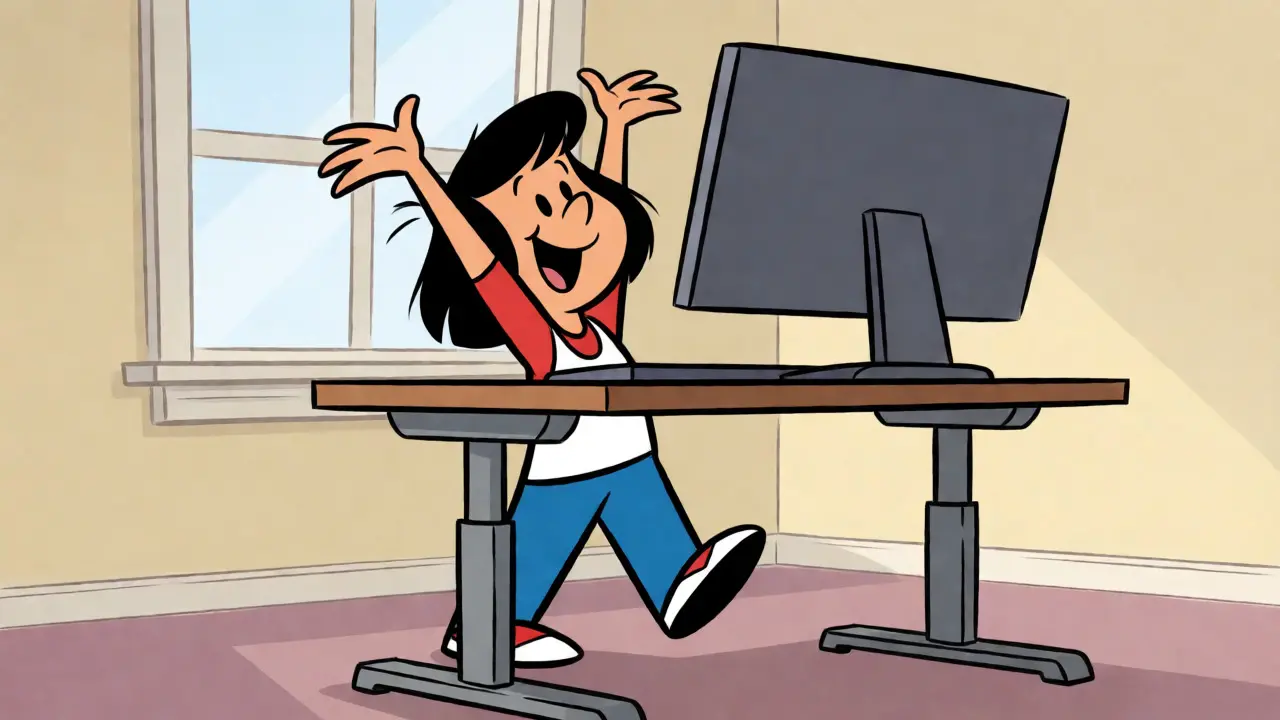 Animated person stretching joyfully while standing at an adjustable desk.