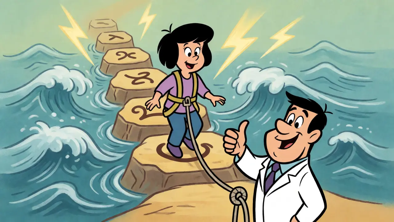 Patient crossing a bridge supervised by a doctor to avoid withdrawal