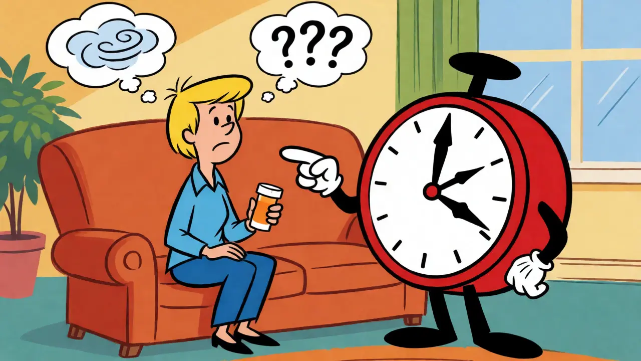Patient waiting for meds with an anthropomorphic clock character nearby