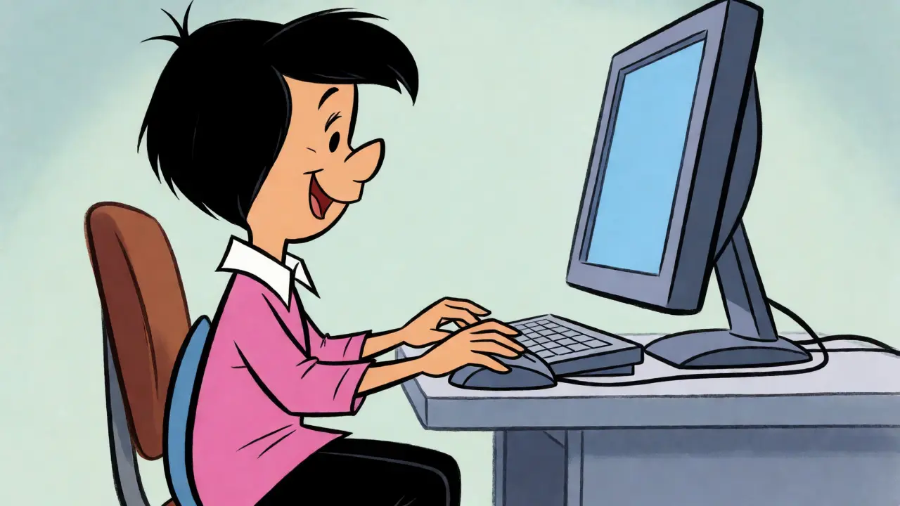 Side view of cartoon character demonstrating correct ergonomic sitting alignment.