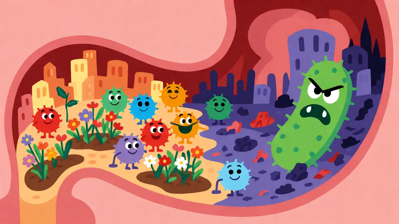 Stylized gut bacteria being wiped out by antibiotics allowing C. diff to thrive.